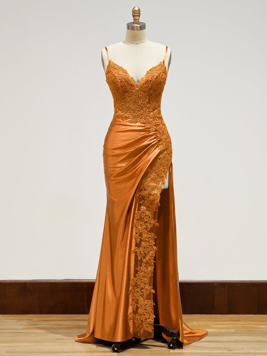 Spaghetti Straps Lace Bodice Long Prom Dress with Slit