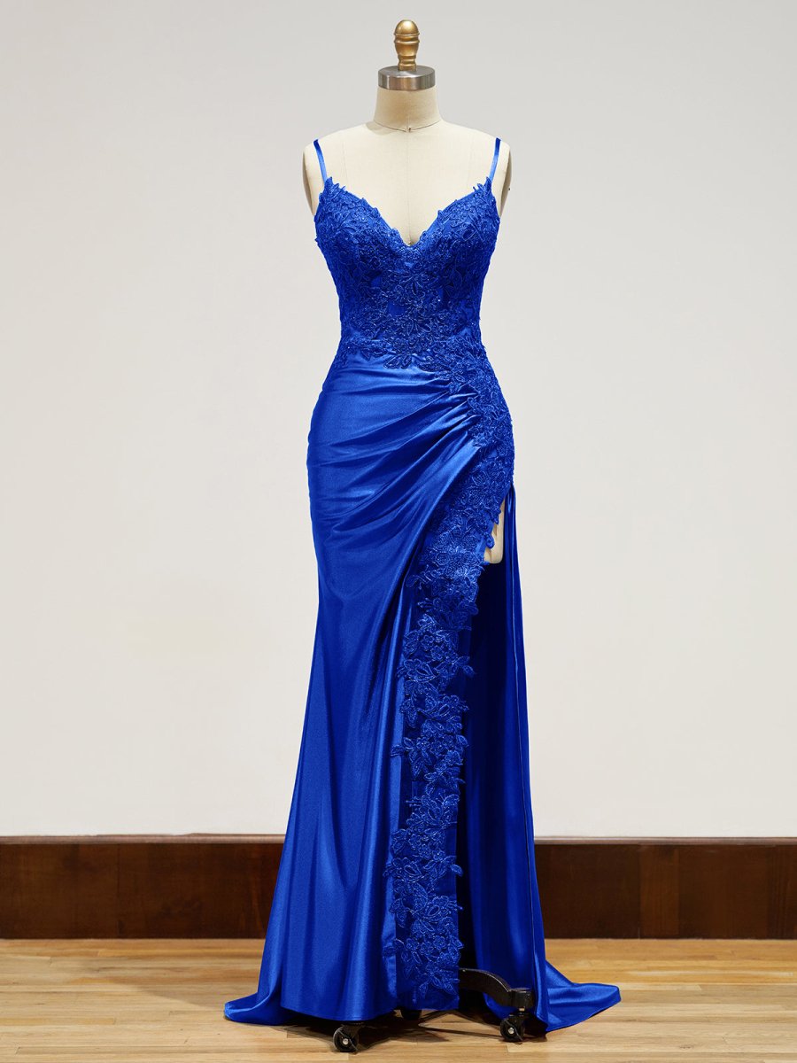 Spaghetti Straps Lace Bodice Long Prom Dress with Slit