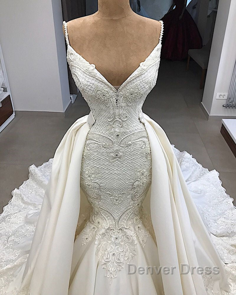 Spaghetti Straps Lace Fit and Flare Wedding Dresses Overskirt Appliques Detachable Satin Backless Bridal Gowns Secondary image