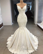 Spaghetti Straps Lace Fit and Flare Wedding Dresses Overskirt Appliques Detachable Satin Backless Bridal Gown
