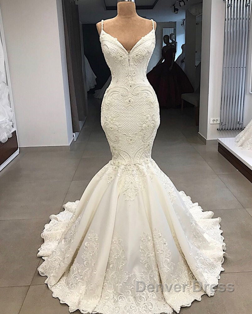 Spaghetti Straps Lace Fit and Flare Wedding Dresses Overskirt Appliques Detachable Satin Backless Bridal Gown