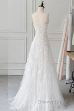 Spaghetti Straps Lace Tulle Floor Length Beads Prom Dresses Wedding Dresses With Flowers