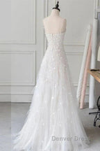Spaghetti Straps Lace Tulle Floor Length Beads Prom Dress Wedding Dresses With Flowers