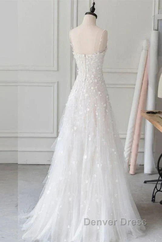 Spaghetti Straps Lace Tulle Floor Length Beads Prom Dress Wedding Dresses With Flowers