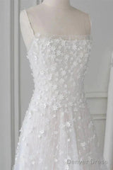 Spaghetti Straps Lace Tulle Floor Length Beads Prom Dress Wedding Dress With Flowers