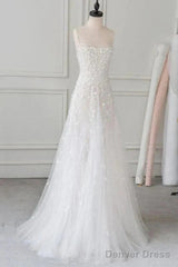 Spaghetti Straps Lace Tulle Floor Length Beads Prom Dress Wedding Dress With Flowers