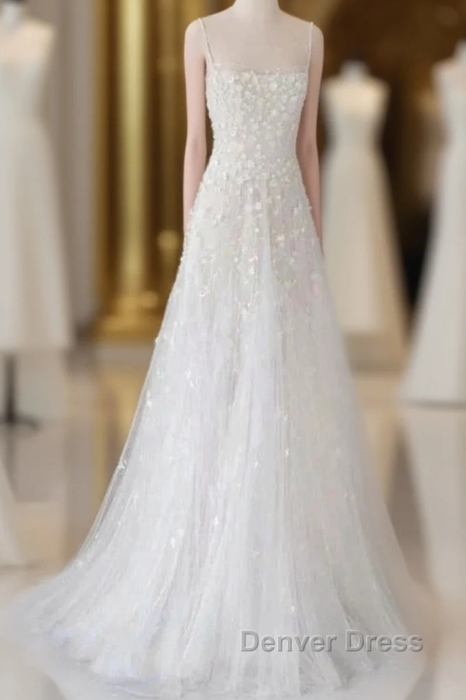 Spaghetti Straps Lace Tulle Floor Length Beads Prom Dresses Wedding Dresses With Flowers