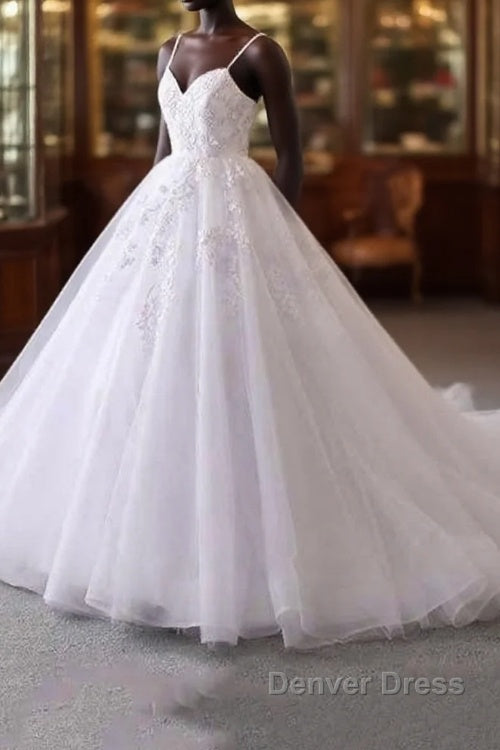 Spaghetti Straps Lace Tulle Ruffles Wedding Dresses