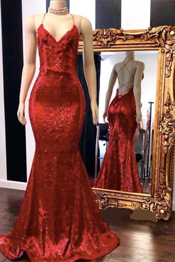 Spaghetti Straps Lace-Up Red Sequins V-Neck Mermaid Prom Dresses Secondary image