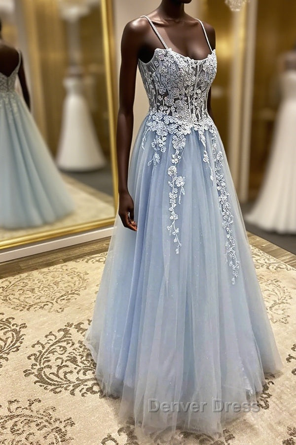 Spaghetti Straps Light Blue Lace Prom Dress, Light Blue Lace Prom Dresses Main image