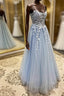 Spaghetti Straps Light Blue Lace Prom Dress, Light Blue Lace Prom Dresses