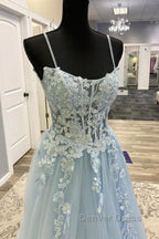 Spaghetti Straps Light Blue Lace Prom Dress, Light Blue Lace Prom Dresses