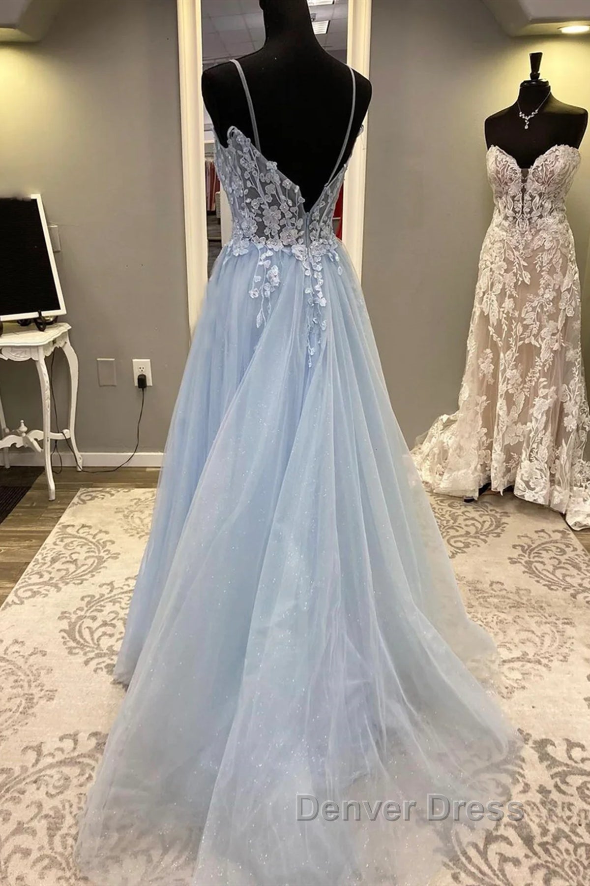 Spaghetti Straps Light Blue Lace Prom Dress, Light Blue Lace Prom Dresses