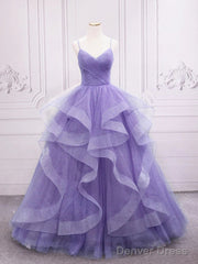 Spaghetti Straps Light Purple Long Prom Dress A Line Layered Birthday Party Dress