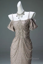 Spaghetti Straps Mermaid Beading Satin Long Prom Dresses Rhinestone Formal Evening Dresses