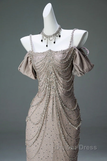 Spaghetti Straps Mermaid Beading Satin Long Prom Dresses Rhinestone Formal Evening Dresses