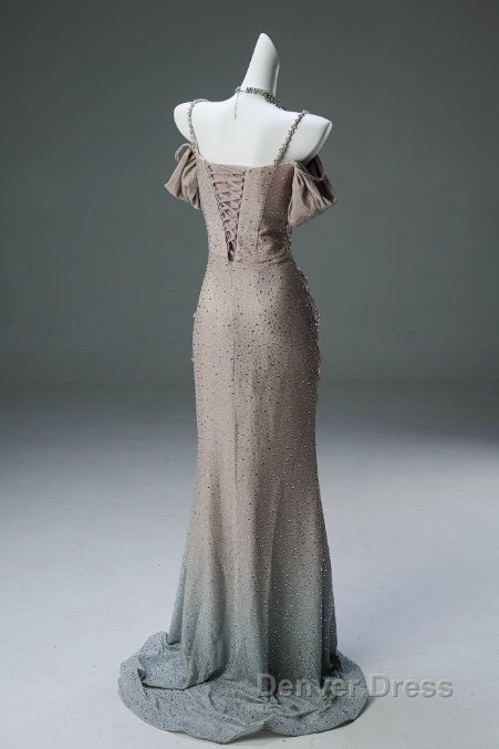 Spaghetti Straps Mermaid Beading Satin Long Prom Dresses Rhinestone Formal Evening Dresses