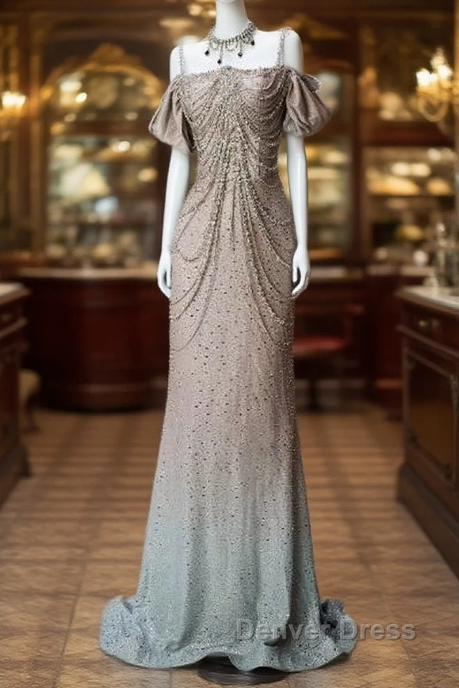 Spaghetti Straps Mermaid Beading Satin Long Prom Dresses Rhinestone Formal Evening Dresses