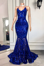 Spaghetti Straps Mermaid Long Prom Dresses With Sequins in Royal Blue