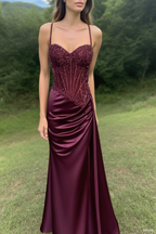 Spaghetti Straps Mermaid Prom Dress Appliqued Corset Prom Dresses With Split