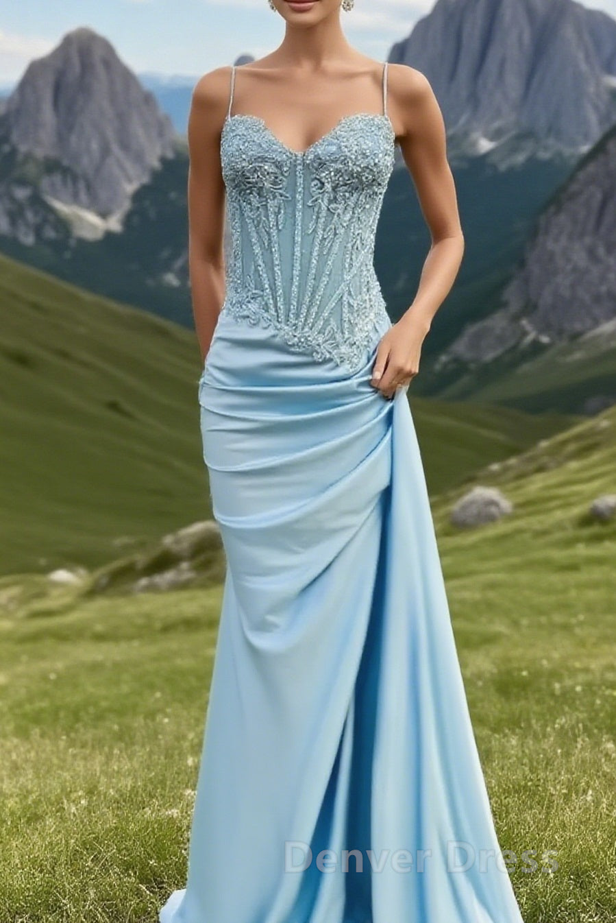 Spaghetti Straps Mermaid Prom Dress Appliqued Corset Prom Dresses With Split
