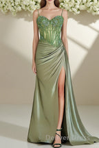 Spaghetti Straps Mermaid Prom Dress Appliqued Corset Prom Dresses With Split
