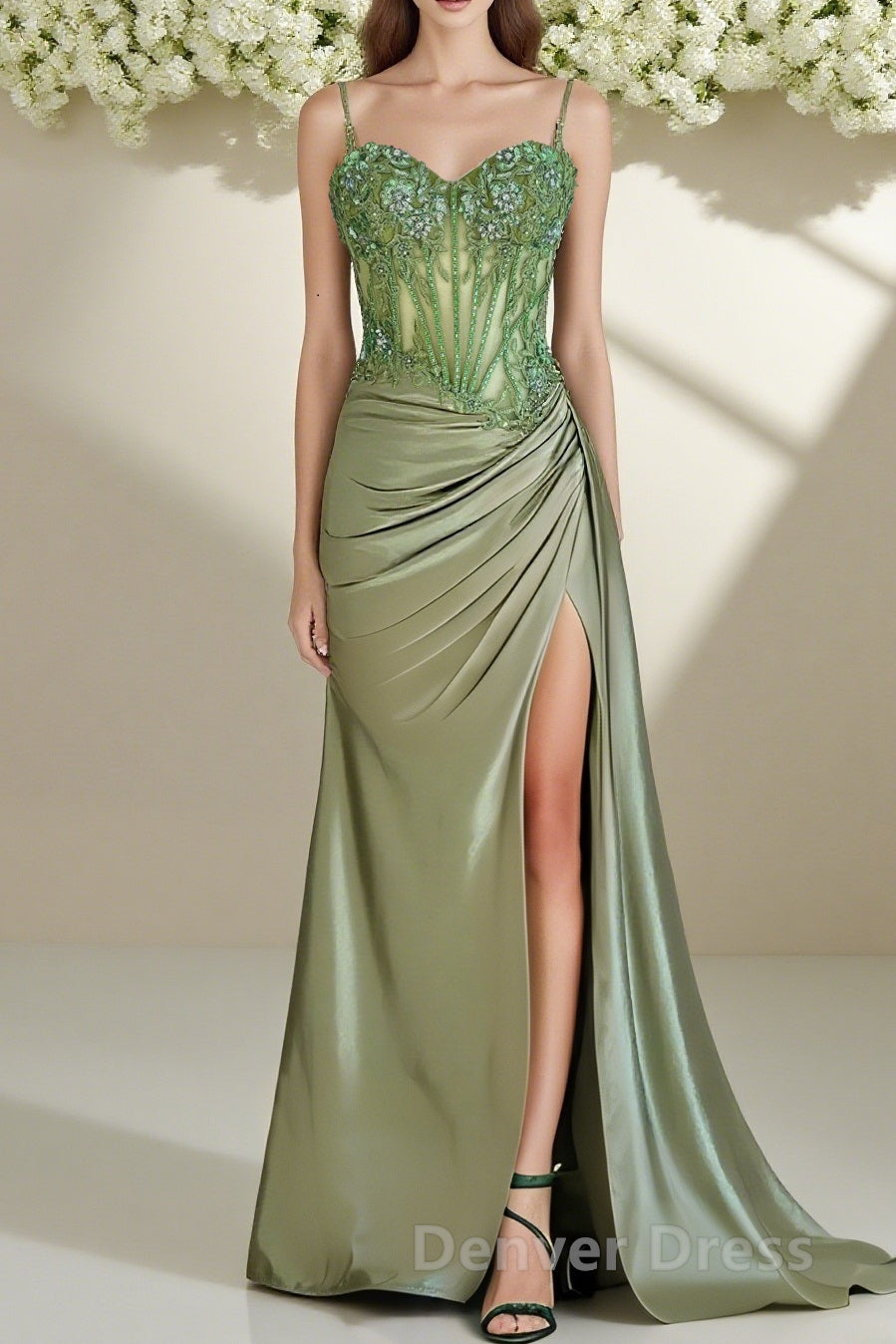Spaghetti Straps Mermaid Prom Dress Appliqued Corset Prom Dresses With Split