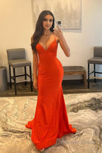 Spaghetti Straps Orange Long Prom Dresses with Criss Cross Back
