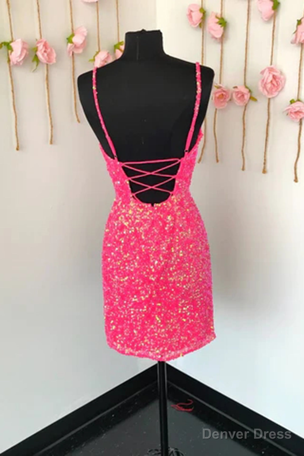 Spaghetti Straps Pink Sequins Short Homecoming Dresses with Criss Cross Back Secondary image