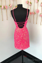 Spaghetti Straps Pink Sequins Short Homecoming Dresses with Criss Cross Back