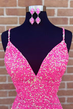 Spaghetti Straps Pink Sequins Short Homecoming Dresses with Criss Cross Back