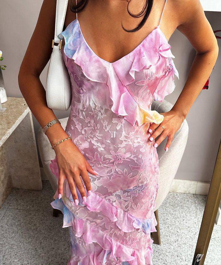 Dreamy Elegant Spaghetti Strap Pink Layered Ruffle Maxi Dress Long Chiffon Prom Gowns Prom Dresses Secondary image