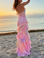 Dreamy Elegant Spaghetti Strap Pink Layered Ruffle Maxi Dress Long Chiffon Prom Gowns Prom Dresses