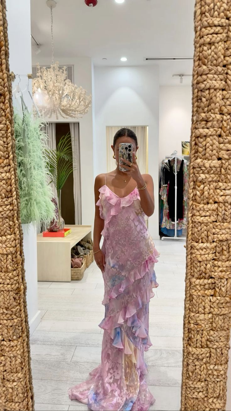 Dreamy Elegant Spaghetti Strap Pink Layered Ruffle Maxi Dress Long Chiffon Prom Gowns Prom Dresses Main image
