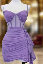 Spaghetti Straps Pleats Cute Homecoming Dress Mini Prom Dresses