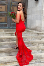 Spaghetti Straps Red Long Prom Dresses with Appliques