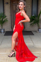 Spaghetti Straps Red Long Prom Dresses with Appliques