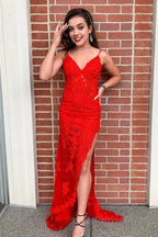 Spaghetti Straps Red Long Prom Dresses with Appliques