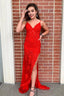 Spaghetti Straps Red Long Prom Dresses with Appliques