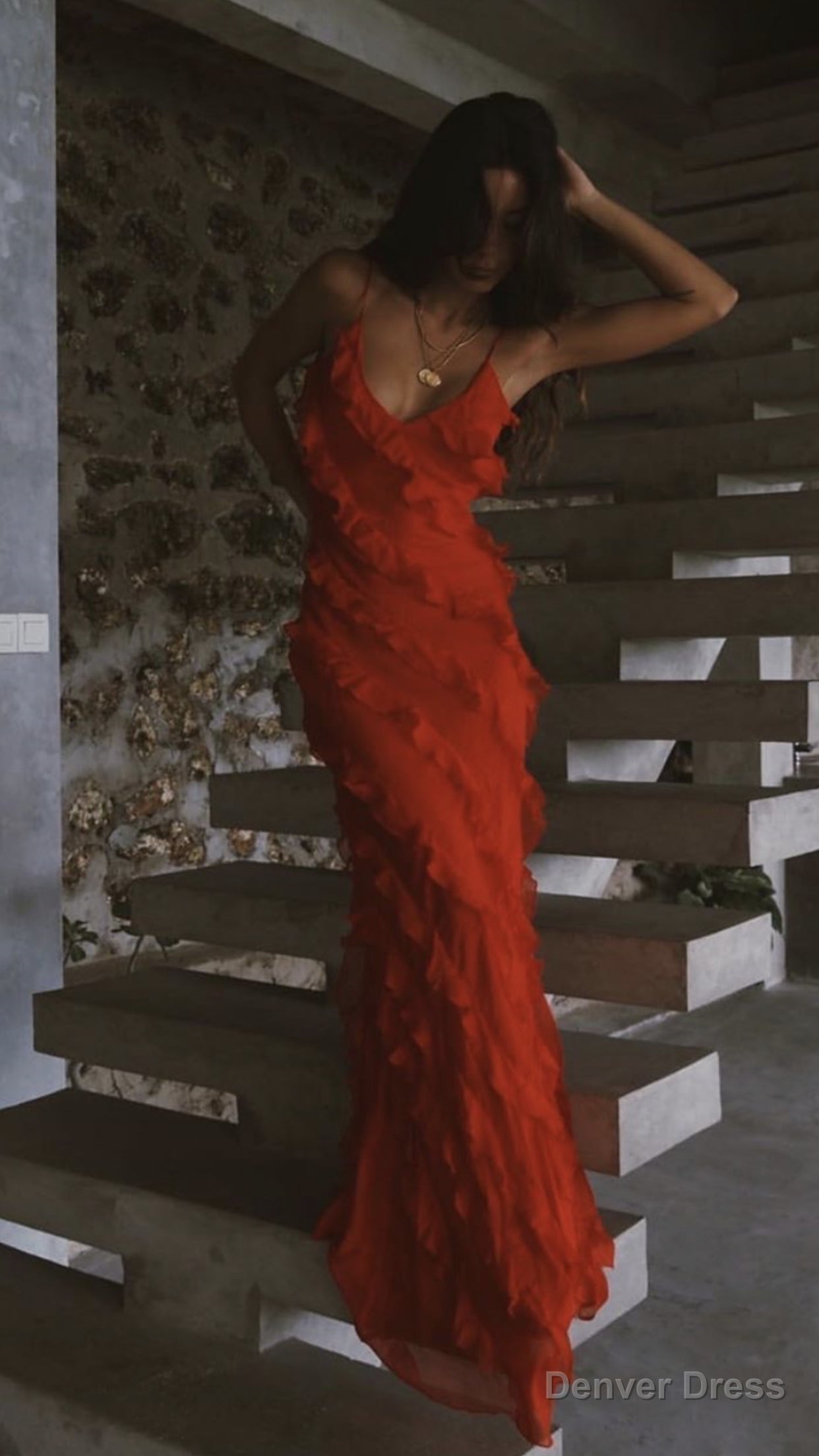 Spaghetti Straps Red Long Prom Dresses,Ruffles Sheath Prom Gowns Main image