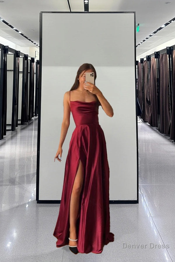 Spaghetti Straps Red Long Prom Dresses,Satin A-Line Evening Gown Long Prom Dress with Slit Main image