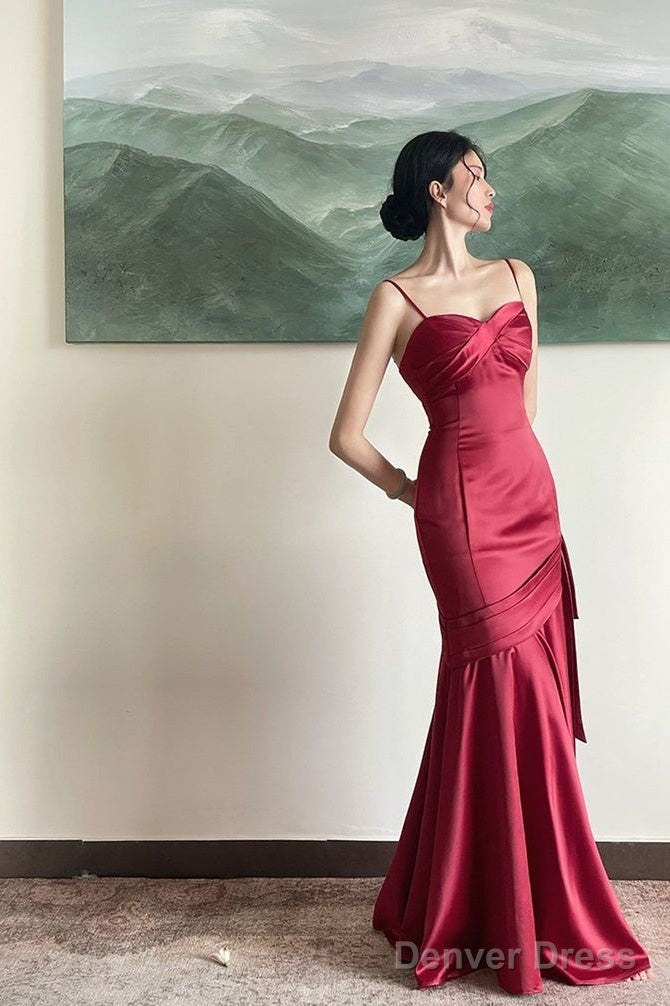 Spaghetti Straps Red Mermaid Long Prom Dresses