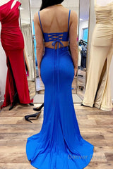 spaghetti straps royal blue mermaid prom dress with slit