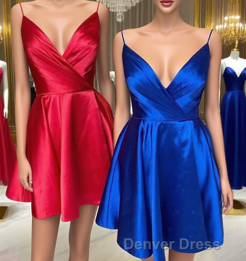 Spaghetti Straps Satin Homecoming Dresses,Mini Prom Dresses