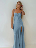 Spaghetti Straps Sheath Long Prom Dresses With Split