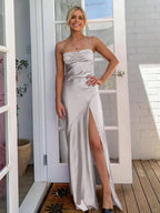 Spaghetti Straps Sheath Long Prom Dresses With Split