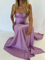 Spaghetti Straps Sheath Long Prom Dresses With Split