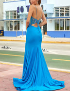 Blue Spaghetti Strap Gorgeous Exquisite Beaded Bodycon Long Satin High Slit Ball Gowns Prom Dresses
