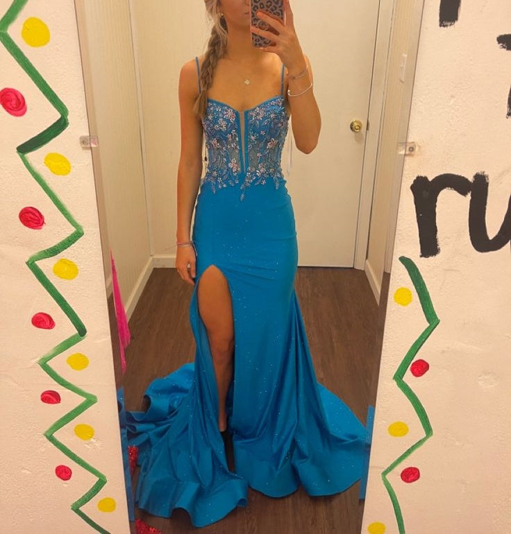 Blue Spaghetti Strap Gorgeous Exquisite Beaded Bodycon Long Satin High Slit Ball Gowns Prom Dresses Main image