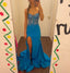 Blue Spaghetti Strap Gorgeous Exquisite Beaded Bodycon Long Satin High Slit Ball Gowns Prom Dresses